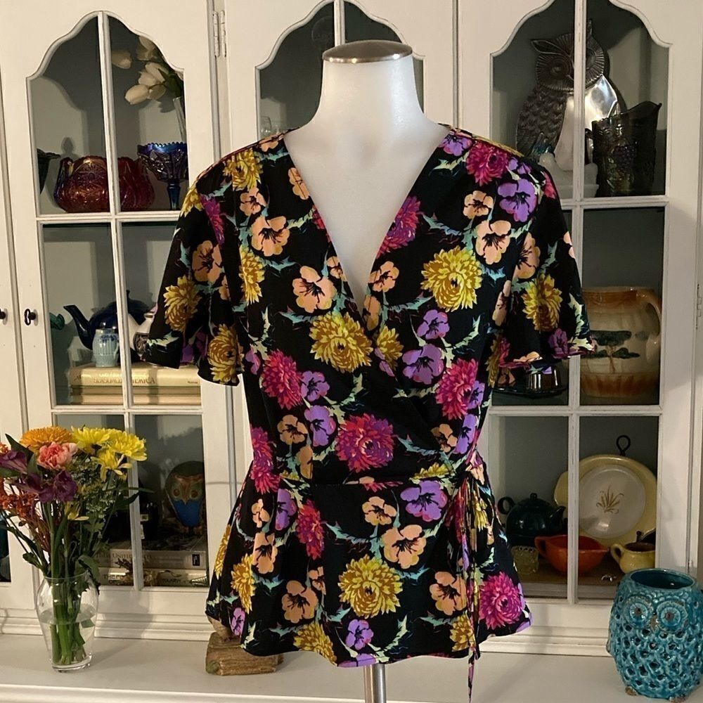 Topshop Floral Silk Wrap Top Size 6 Black with Floral Print